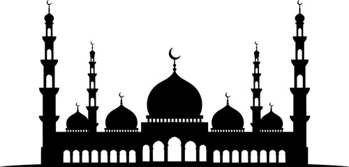 Elegant Silhouette of a Mosque A Symbol of Islamic Culture and Architecture, Featuring Domes and Minarets, Representing Faith and Tradition