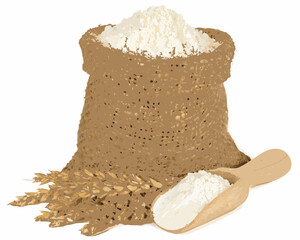 Bag of flour with wheat stalks and wooden scoop of flour