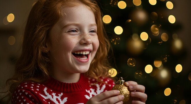 Joyful young girl with red hair smiling brightly while decorating a christmas tree with a gold ornament - Powered by Adobe