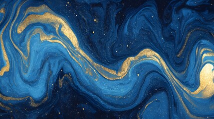 Deep blue and gold flowing liquid texture presents an abstract cosmic wave pattern