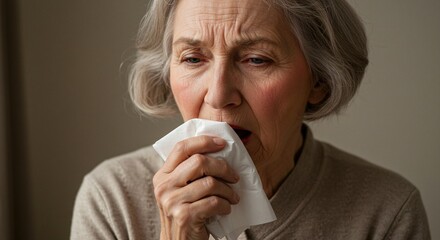Closeup of a senior woman coughing or sneezing into a white tissue with a worried expression indoors