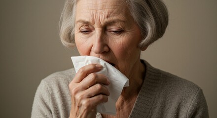 Closeup portrait of a senior woman covering her mouth with a white tissue while sneezing or coughing indoors