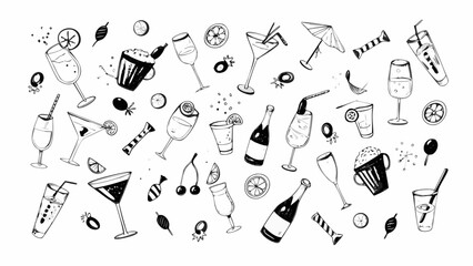 Hand drawn cocktail and drink assortment with fruits and candies