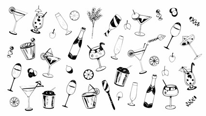 Hand drawn cocktail and drink assortment with fruits and bottles