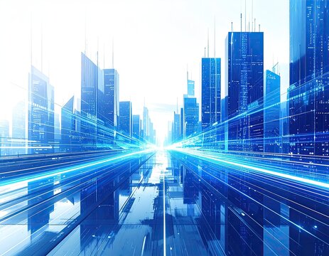 Futuristic cityscape with neon blue energy lines - Powered by Adobe