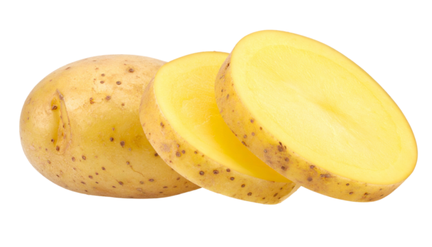 Close-up of sliced potato, showing the interior and outer skin