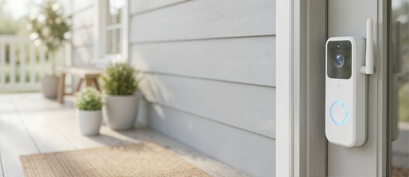 A smart video doorbell with a security camera on a house's front door. Modern home automation and surveillance technology for safety and protection. Internet of Things (IoT) concept with copy space
