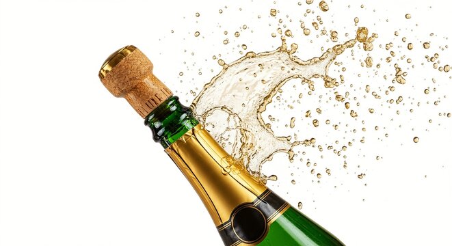 Champagne cork popping off a green bottle with golden liquid splashing dramatically against a white background