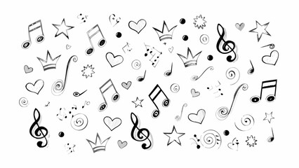 Hand drawn music notes hearts stars and crowns seamless pattern