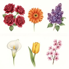 Set of 6 different flowers in two rows,hd quality watercolor painting