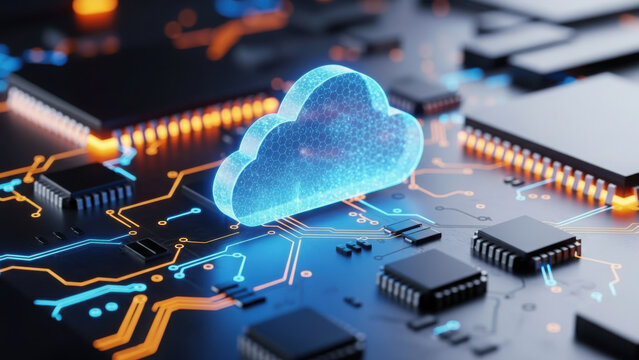 Cloud computing concept on a glowing circuit board, data storage and network technology