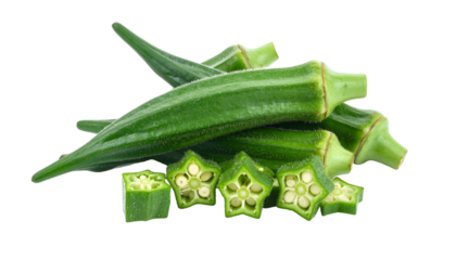 Close-up of sliced and whole green okra with a black background (1)