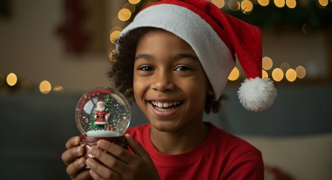 Happy young child wearing a santa hat holding a festive christmas snow globe with blurred holiday lights in background - Powered by Adobe