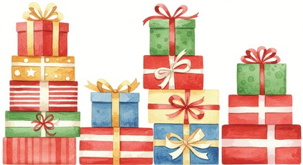 Watercolor stack of colorful gift boxes with ribbons and bows isolated on white background for holiday celebration