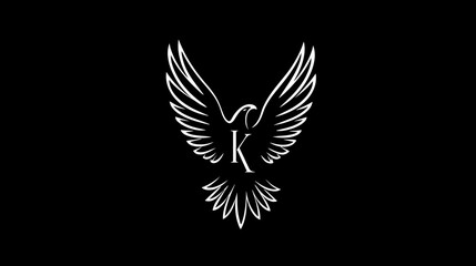 Obraz premium Stylized white eagle or bird of prey illustration with elegant letter K monogram on a minimalist black background, vector logo design.