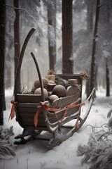 Snowy woodland clearing with vintage wooden sleigh loaded with Christmas presents evergreen trees backdrop winter wonderland vibe old wooden cart with snow