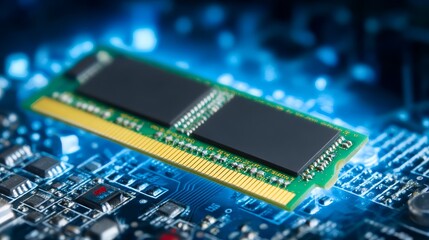 Computer memory module installed on circuit board digital hardware assembly essential for processing operations