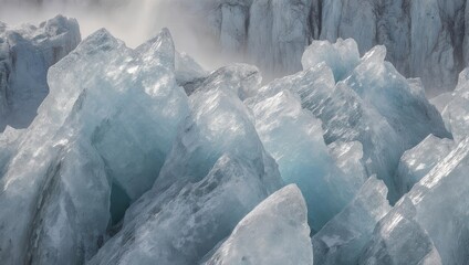 A stunning close up of jagged blue ice formations on a glacier.