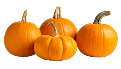 Four vibrant, ripe pumpkins with stems are arranged close together against a transparent background