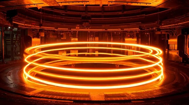Interior of a futuristic experimental tokamak fusion reactor, where extremely hot, magnetically confined plasma swirls in a glowing, violent ring, visualizing cutting-edge fusion physics and clean ene