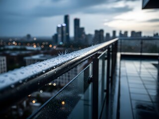 Raindrops on a railing with blurred cityscape and cloudy sky background