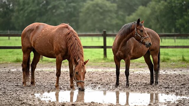 Two amiable chestnut horses in a damp paddock on a rainy day. One horse is quenching its thirst from a puddle while the other observes with curiosity