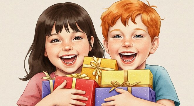 Two happy young children with bright smiles holding colorful wrapped gift boxes close to their chests for a celebration