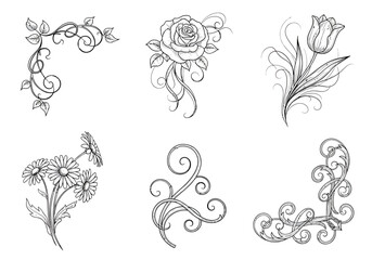 Six black and white floral and scrollwork tattoodesign elements on white