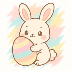 Fototapeta premium Kawaii Easter bunny with giant egg torn vector pastel tones on white background