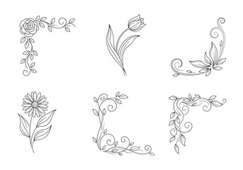 Six black and white floral and vine decorative elements and corner designs © aprian