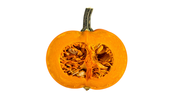 A halved, vibrant orange squash reveals seeds, stem upright, against a stark black background