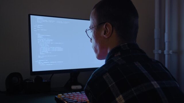 Over the shoulder shot of a man programming on a computer in a dark room