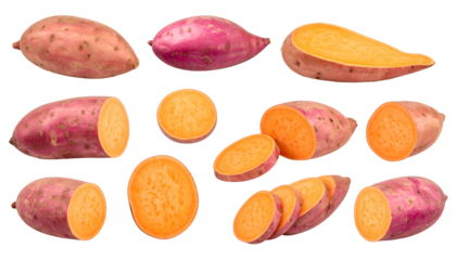 Assortment of root vegetables, whole and sliced, showcasing vibrant orange flesh