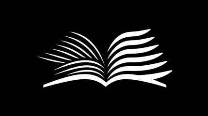 Stylized white open book icon on black background, representing education, knowledge, learning, and reading concept.
