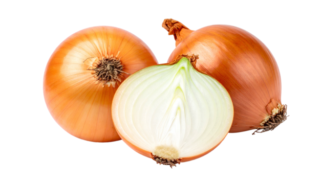 Three onions, one cut in half, showcasing layers against a black background