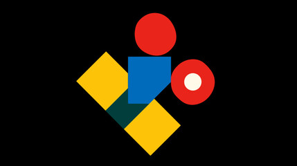 Abstract geometric shapes composition with colorful squares, diamonds, and circles on a black background, modern design concept.