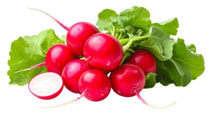Close-up of vibrant red radishes with green leaves, cut and whole, on a black background