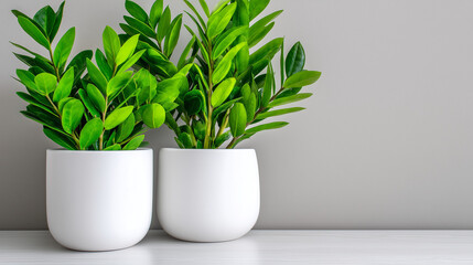 Close-Up of Green Foliage in Minimalist White Planters with Bright Soft Light

