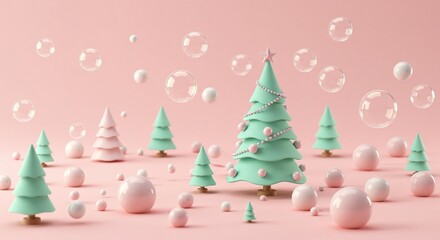 Cute 3d rendering of mint green and pink christmas trees with floating bubble ornaments against a soft pink background