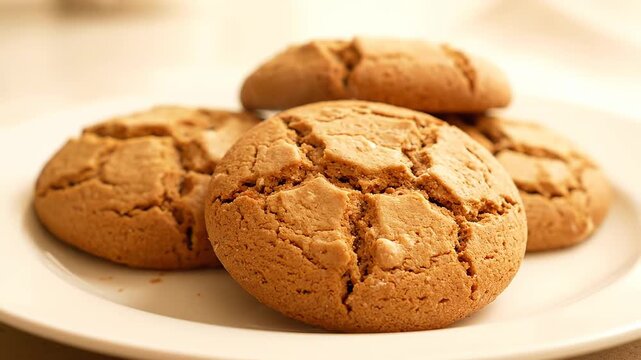 Scrumptious oatmeal and ginger cookies are displayed on a rotating white plate. These cookies are a wholesome and inviting choice for a morning snack