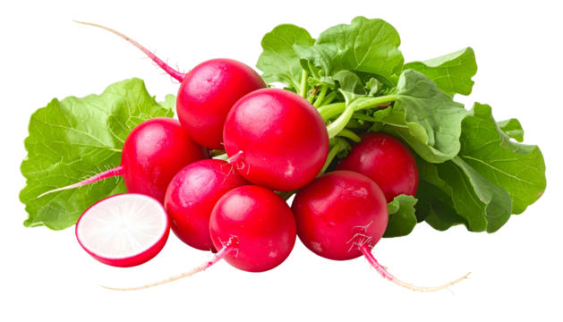 Close-up of vibrant red radishes with green leaves, cut and whole, on a black background
