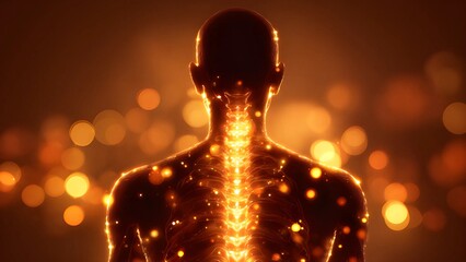 Spine surgery body alignment chakra, spirituality, energy flow, or consciousness silhouette. Backbone widespread pain nervous system. Holistic approach reiki healing meditation and wellness energy. 