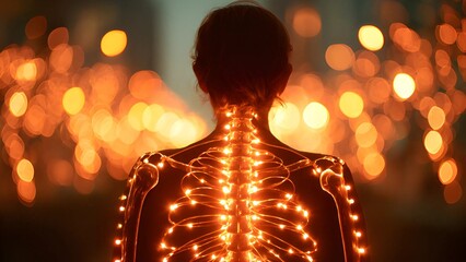 Spine surgery body alignment chakra, spirituality, energy flow, or consciousness silhouette. Backbone widespread pain nervous system. Holistic approach reiki healing meditation and wellness energy. 