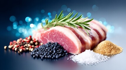 Piece of meat seasoned with spices and herb sprig raw meat prepared with aromatic herbs and various spices