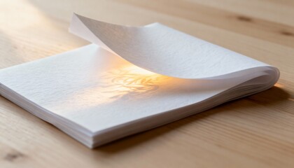 Fototapeta premium Blank pages flipping revealing soft light on wooden table 
