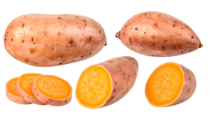 Close-up of whole and sliced root vegetables, showing skin and vibrant orange flesh