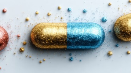 Shiny blue and gold pills displayed prominently many blue and gold pills are shown in detail