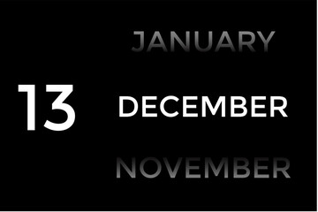 December 13 calendar with black background. A minimalist calendar template with well-structured date boxes and a sleek layout. This image is ideal for illustrating concepts such as time planning