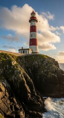 Iconic red and white striped lighthouse on a dramatic rugged coastal cliff overlooking powerful ocean waves