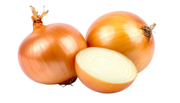 Three golden-brown onions, one halved to reveal concentric rings, against a dark backdrop